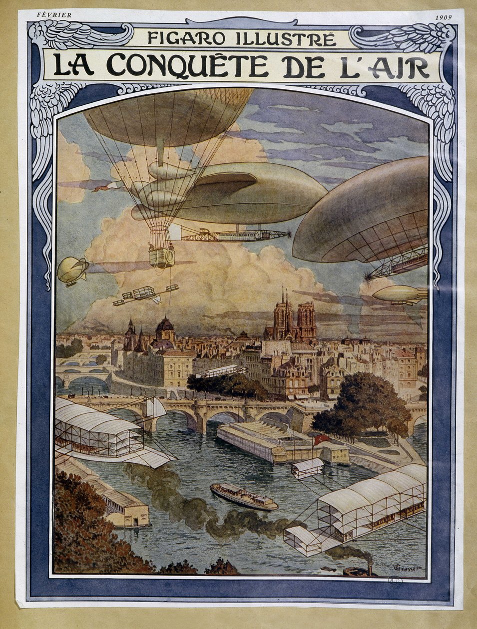 Air conquete：パリ上空の飛行船、気球、熱気球 - 1909年2月の「Figaro Illustré」の表紙 作： ユージーン・グラセット