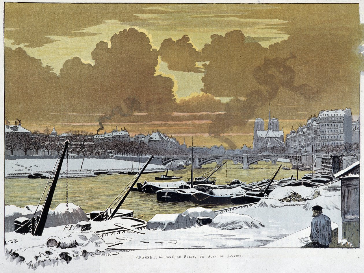 雪に覆われたパリのサリー橋、1886年1月のある夜 - by Grasset 作： ユージーン・グラセット