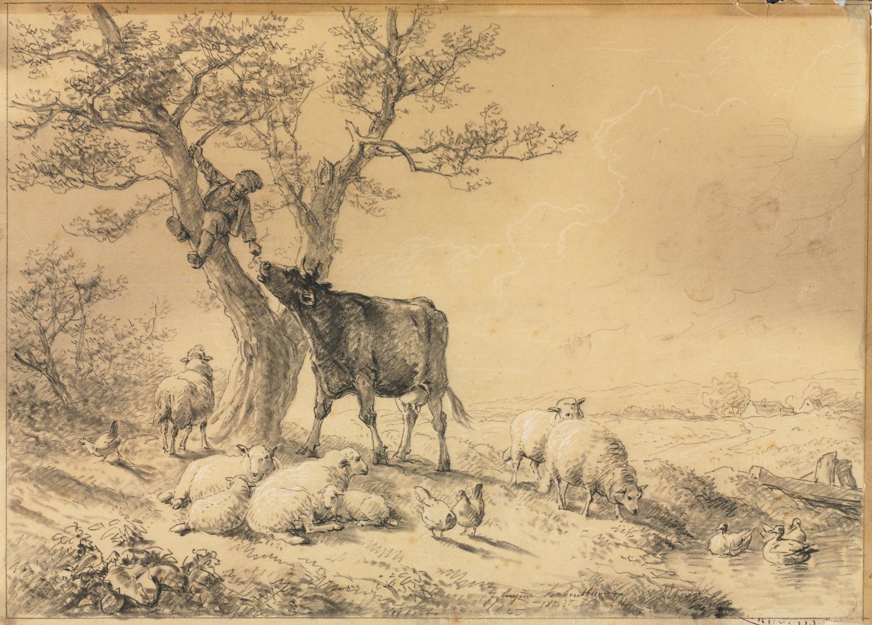 1866年の木と動物と少年のいる風景。 作： ユージン・ジョセフ・ヴェルベーホーフェン