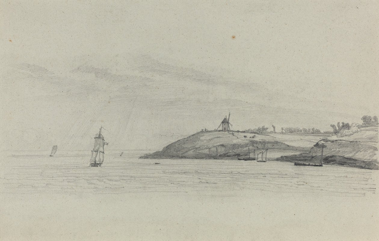 海運のある沿岸の風景、遠くにある風車、c. 1858年。 作： ユージン・ルイ・ブーダン