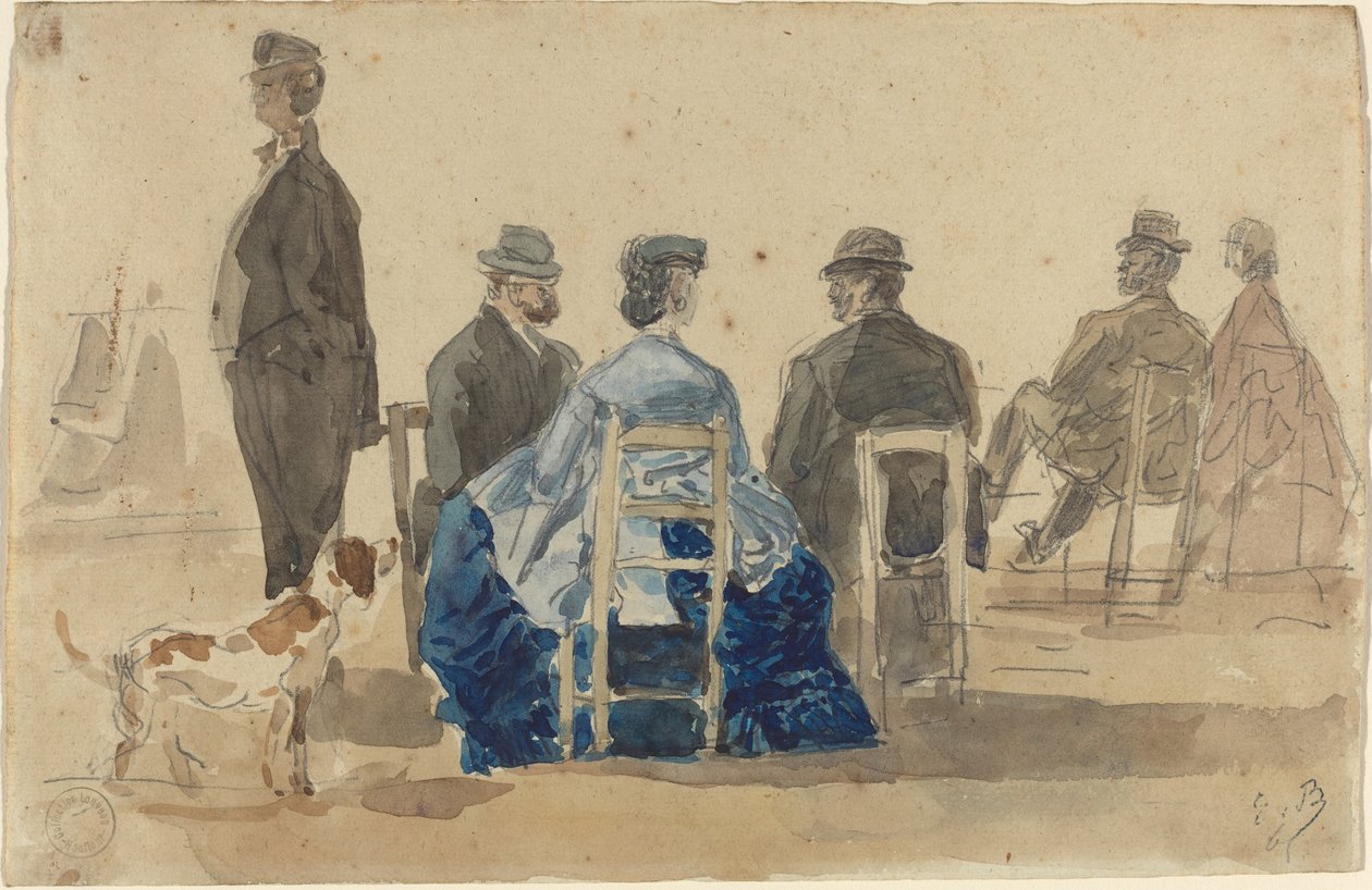 犬と一緒に浜辺に座る紳士淑女、1866年。 作： ユージン・ルイ・ブーダン