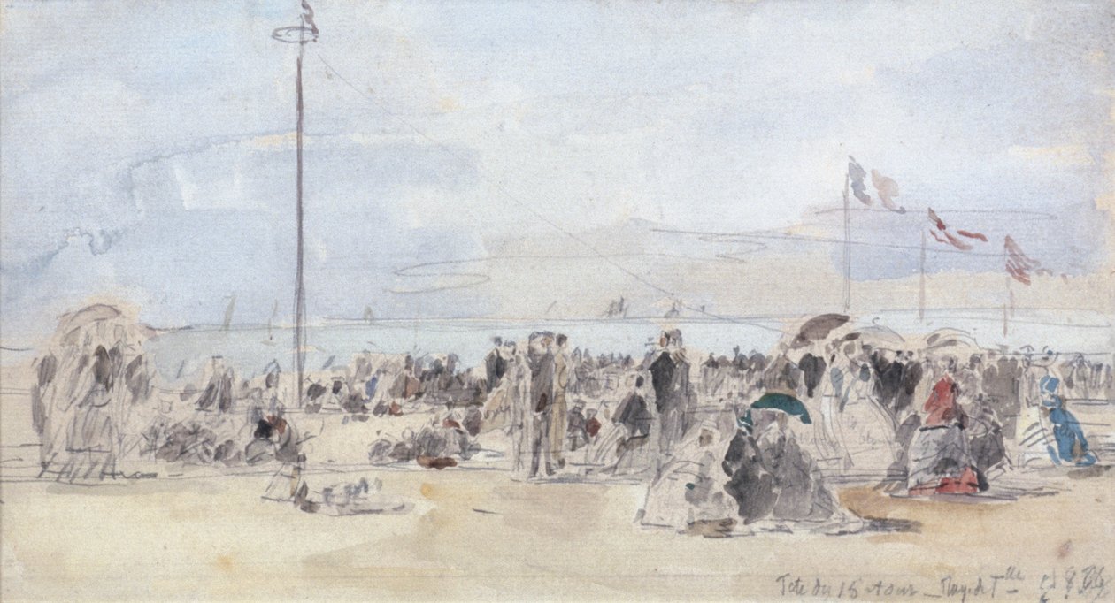 ピープルズオンザビーチ、トルビル、1866年（紙と紙とグラファイト） 作： ユージン・ルイ・ブーダン