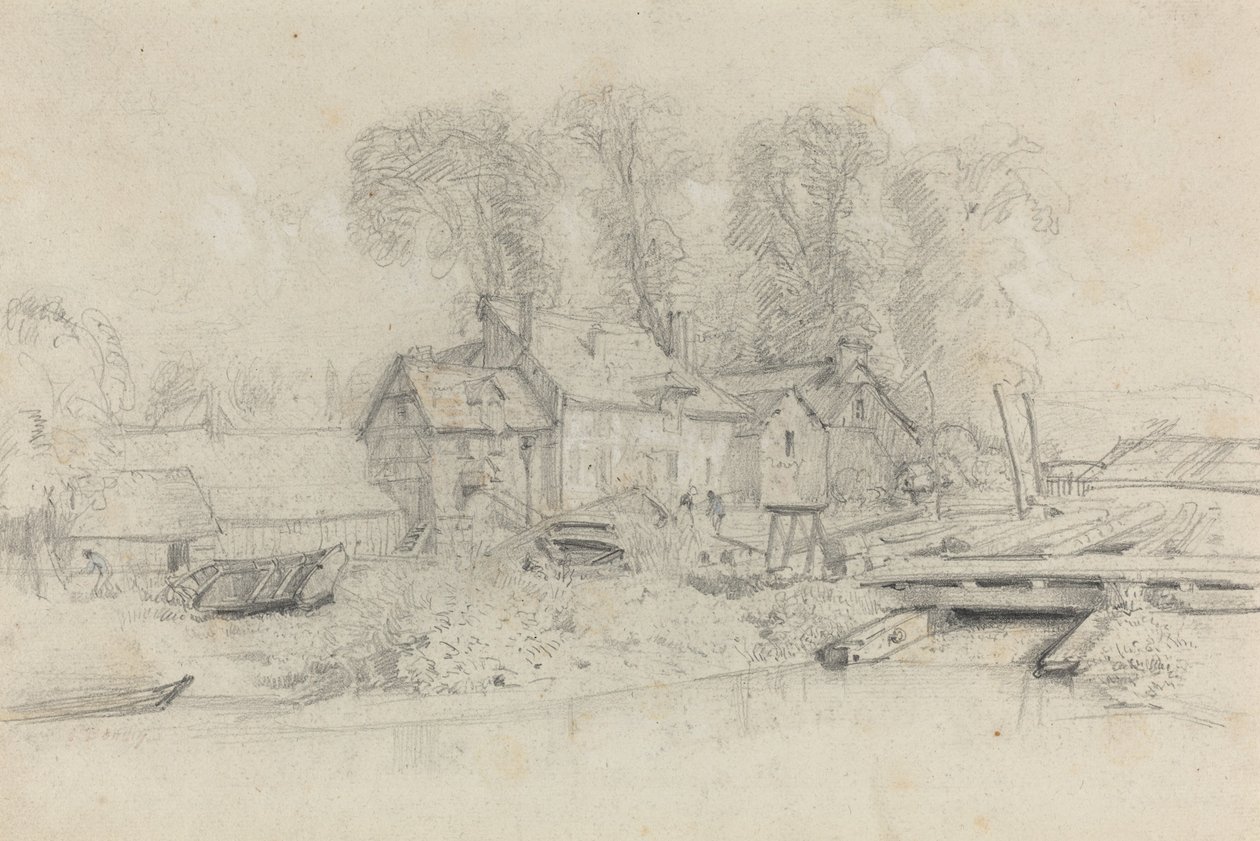 建物、ボート、およびフィギュアのある川の風景、c。 1858年。 作： ユージン・ルイ・ブーダン