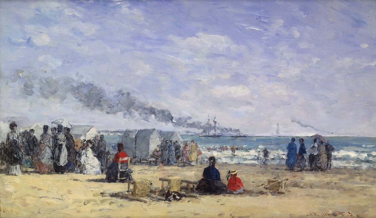 入浴時のトルヴィルのビーチ。トゥルーヴィルビーチ、「Heure du Bain、1868 作： ユージン・ルイ・ブーダン