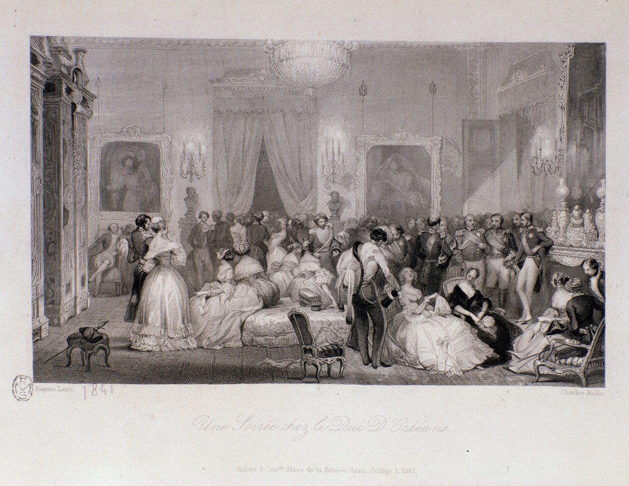 オルレアン公（フェルディナン・フィリップまたはフェルディナン・フィリップ・ドルレアン）（1810-1842）とのパリでの社交の夕べ。ウジェーヌ・ルイ・ラミ（1800-1890）によるエングレーヴィング 1841年 個人蔵 作： ユージン・ルイ・ラミ