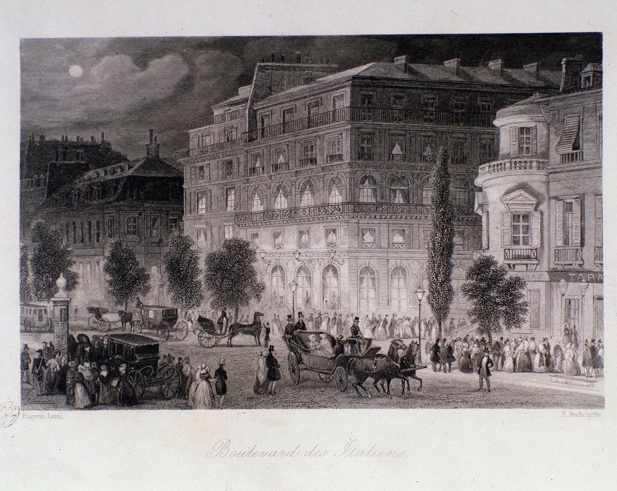 パリのイタリア街道の劇場周辺のアニメーション。ユージン・ルイ・ラミ（1800-1890）によるエングレーヴィング 1843年 個人蔵 作： ユージン・ルイ・ラミ