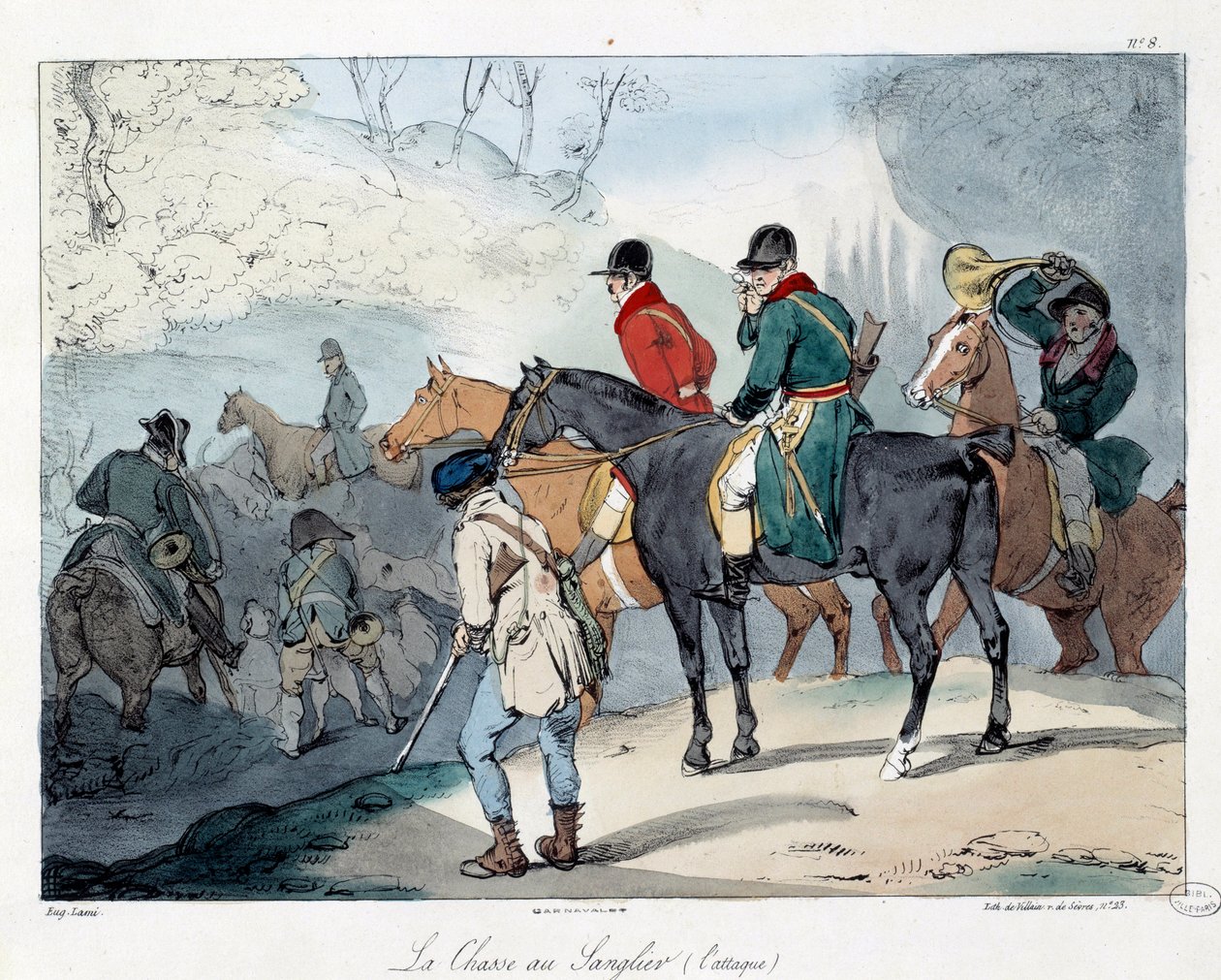イノシシ狩り。書籍「La vie de chateau」の挿絵。ウジェーヌ・ルイ・ラミ（1800-1890）のエングレーヴィング 作： ユージン・ルイ・ラミ