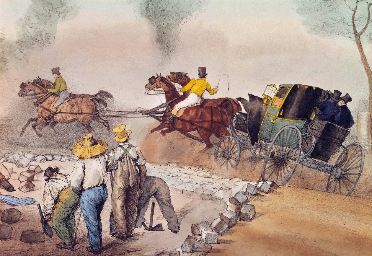 埃を被った通行人 ワーカーが路上に投じている。ユージン・ルイ・ラミ（1800-1890）によるリトグラフ 19世紀 パリ、カルナヴァレ美術館 作： ユージン・ルイ・ラミ