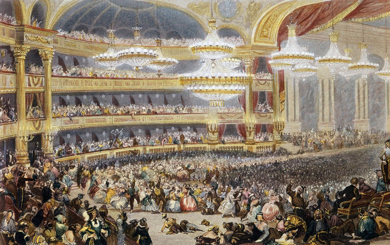 19世紀のパリ・オペラ座の仮面舞踏会。ウジェーヌ・ラミ（1800-1890）によるエングレーヴィング。