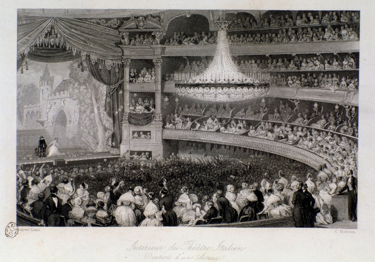 パリのイタリア人劇場での公演中の俳優へのオベーション。ウジェーヌ・ルイ・ラミ（1800-1890）によるエングレーヴィング 1843年 個人蔵 作： ユージン・ルイ・ラミ