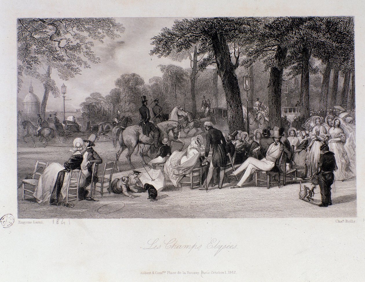 パリのシャンゼリゼ通り(Champs-Elysees)を歩く乗客と歩行者。ユージン・ルイ・ラミ（1800-1890）によるエングレーヴィング 1841年 個人蔵 作： ユージン・ルイ・ラミ