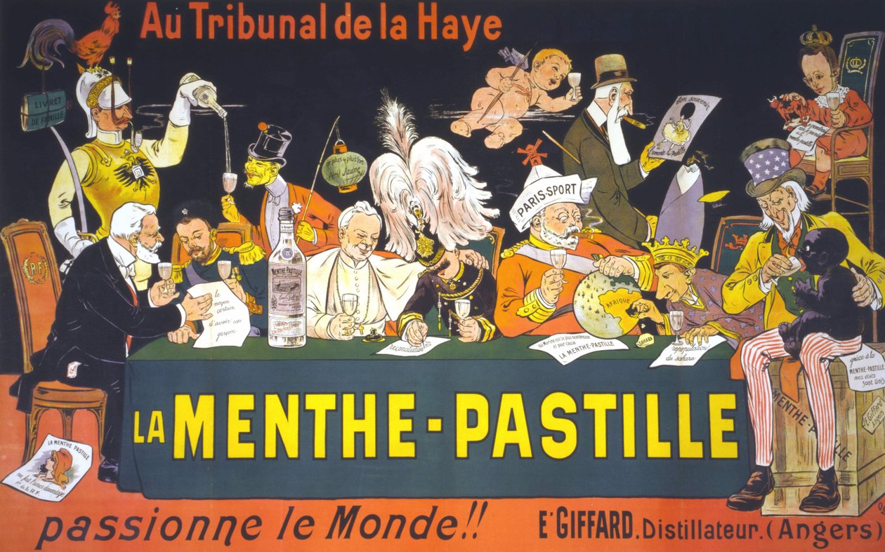1899年に開催されたハーグ平和会議の漫画ポスター。ウジェーヌ・オジェ（1861～1936）による「ハーグ裁判所では、ミントパスティラが世界を熱狂させる！」。 作： ユージーンオゲ