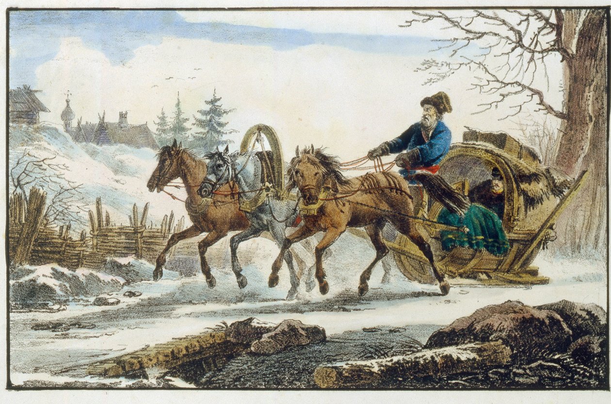 旅行者のための避難所を備えた馬そり。 （トロイカキビトカ）。 Eugene Pluchard (1809-1880) の作品、リトグラフと水彩 作： ウジェーヌ・プルカート