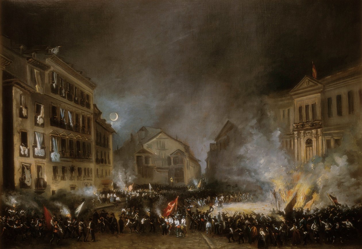 マドリードのプエルタ・デル・ソルでの1854年の革命のエピソード。画：Eugenio LUCAS VELAZQUEZ 作： ユージェニオ・ルーカス・ベラスケス