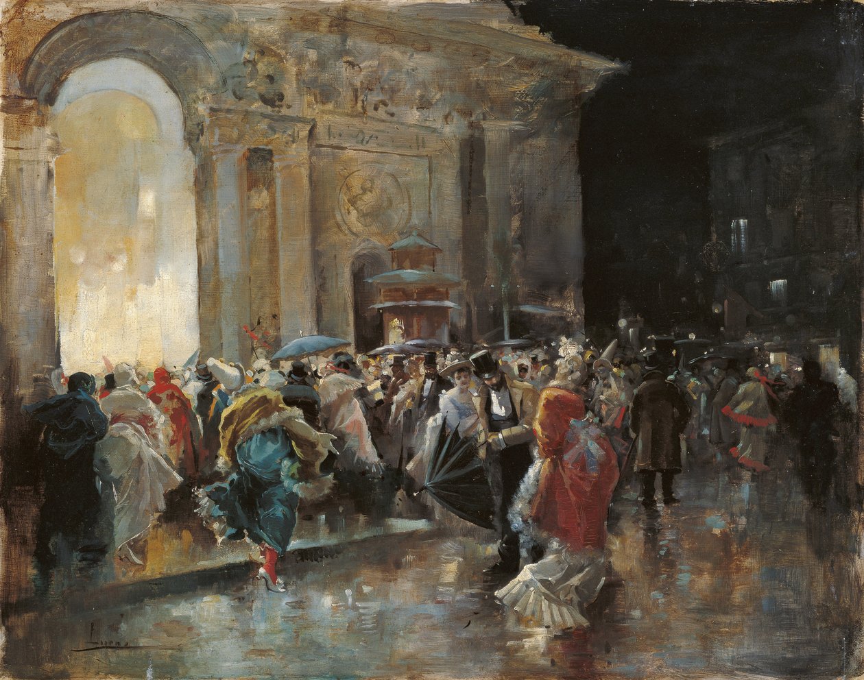 仮面舞踏会の夜に劇場に到着 - Lucas Villaamil、Eugenio (1858-1919) - c. 1895年 - 木に油彩 - 31x40 - カルメン・ティッセン美術館、マラガ 作： エウヘニオ・ルーカス・ビジャミル