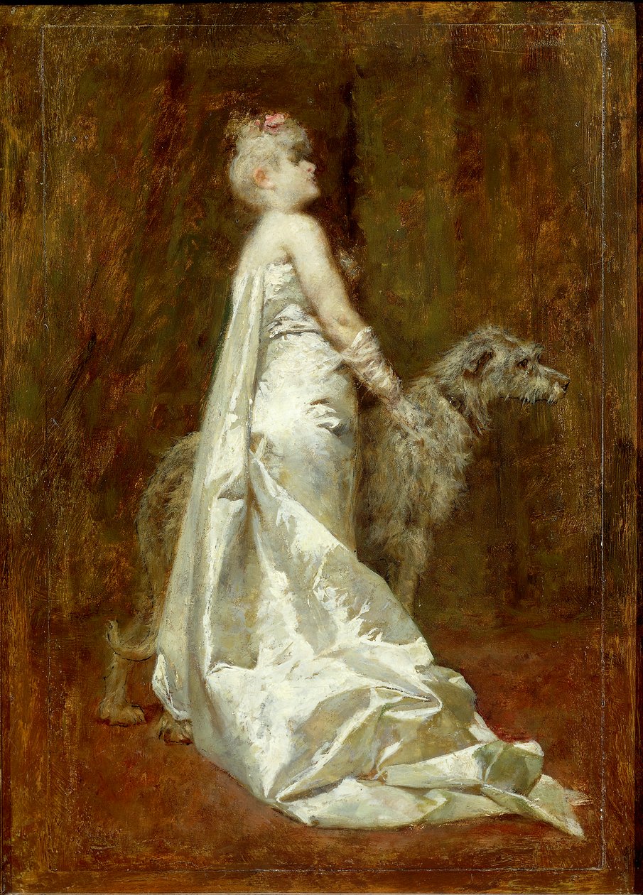 エウジェニオ・スコパリーニの白いドレスと犬 作： Eugenio Scomparini