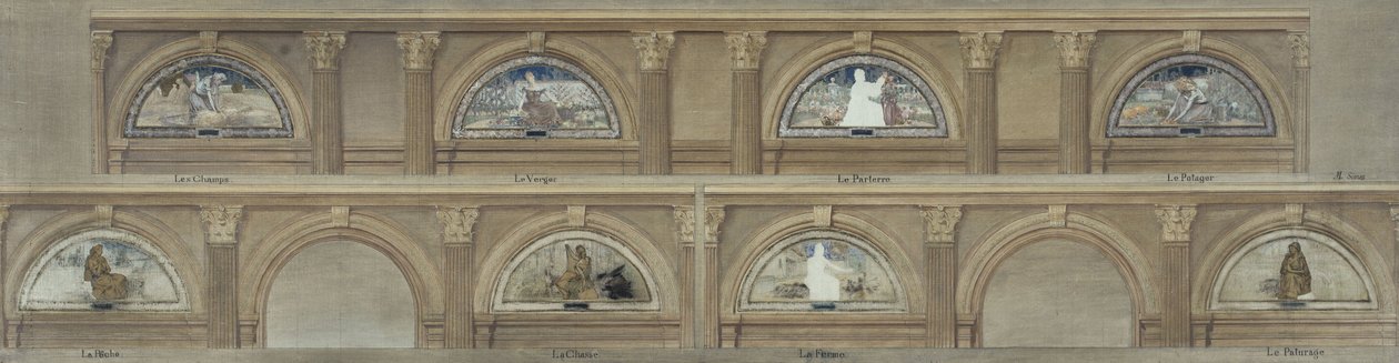 パリのオテル・ド・ヴィルのダイニングルームのスケッチ：田園。果樹園花壇菜園釣り狩猟農場牧草地, 1891年頃 (キャンバスにインク、鉛筆に油彩、紙) 作： ウジェーヌ・マルシャル・シマス