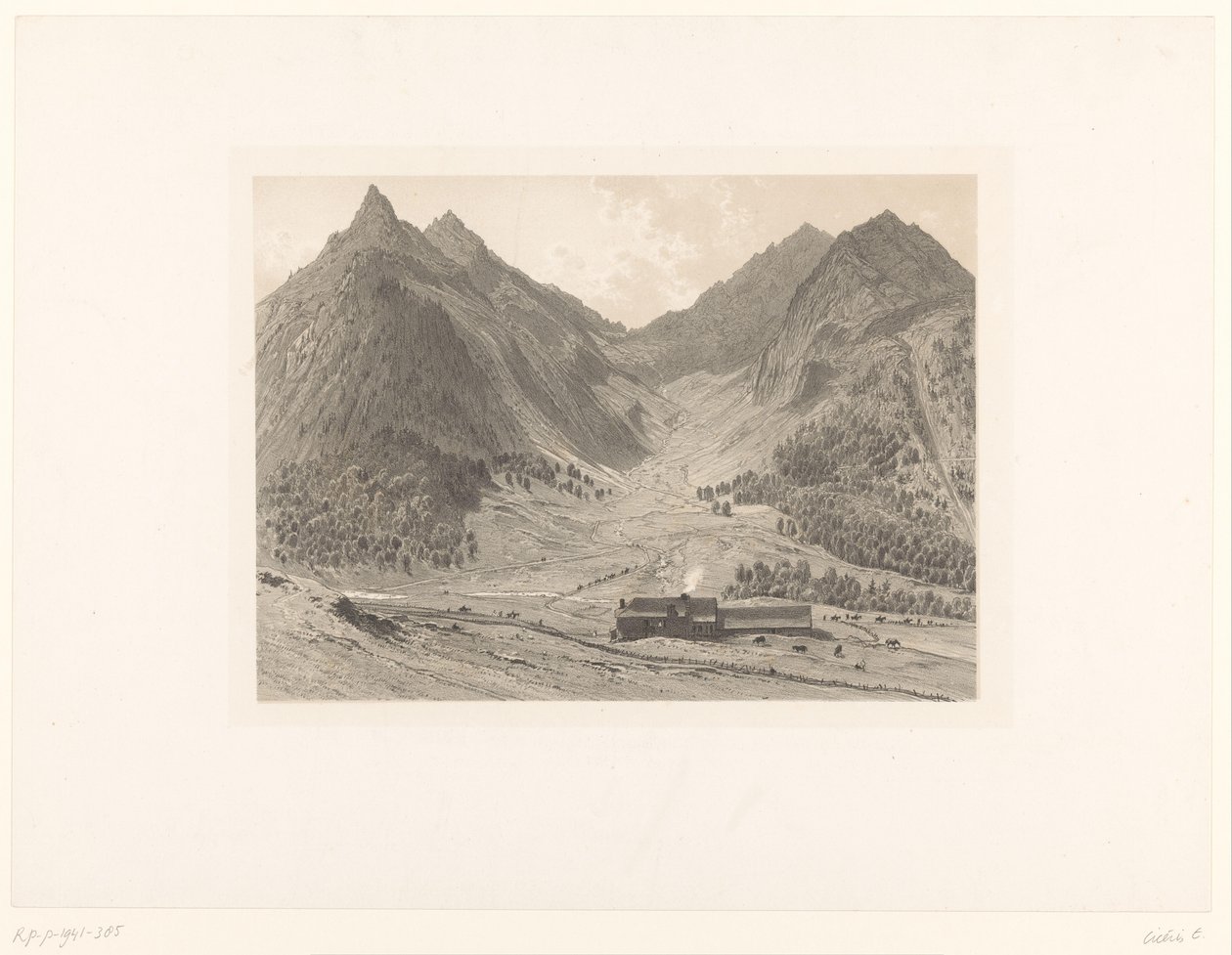 高山草原の家と山の風景 作： EugèneCicéri（帰属）