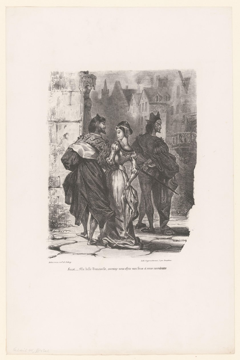 Faust probeert Grietje te verleiden ファウスト: 美しいお嬢様、腕を差し出して、家まで送ってくれませんか? (オブジェクトのタイトル) ファウスト（シリーズタイトル） M.ド・ゲーテによるファウスト、悲劇（シリーズタイトル） 作： ウジェーヌ・ドラクロワ