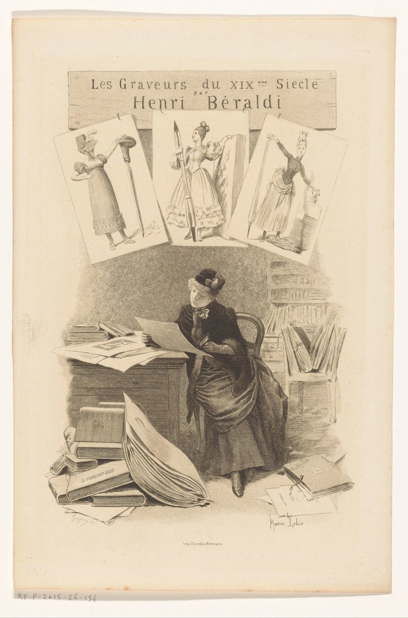 机の後ろで版画を見る女性 タイトルページ: Henri Béraldi, Les engravers du XIXe siècle, 1899 作： ウジェーヌ・ゴージャン