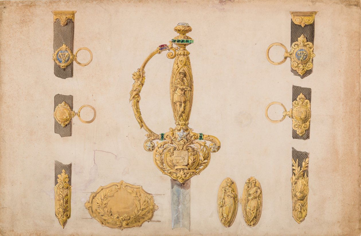 刀の柄、鞘、ベルト金具のデザイン 1840-50年頃 作： ウジェーヌジュリエンヌ。