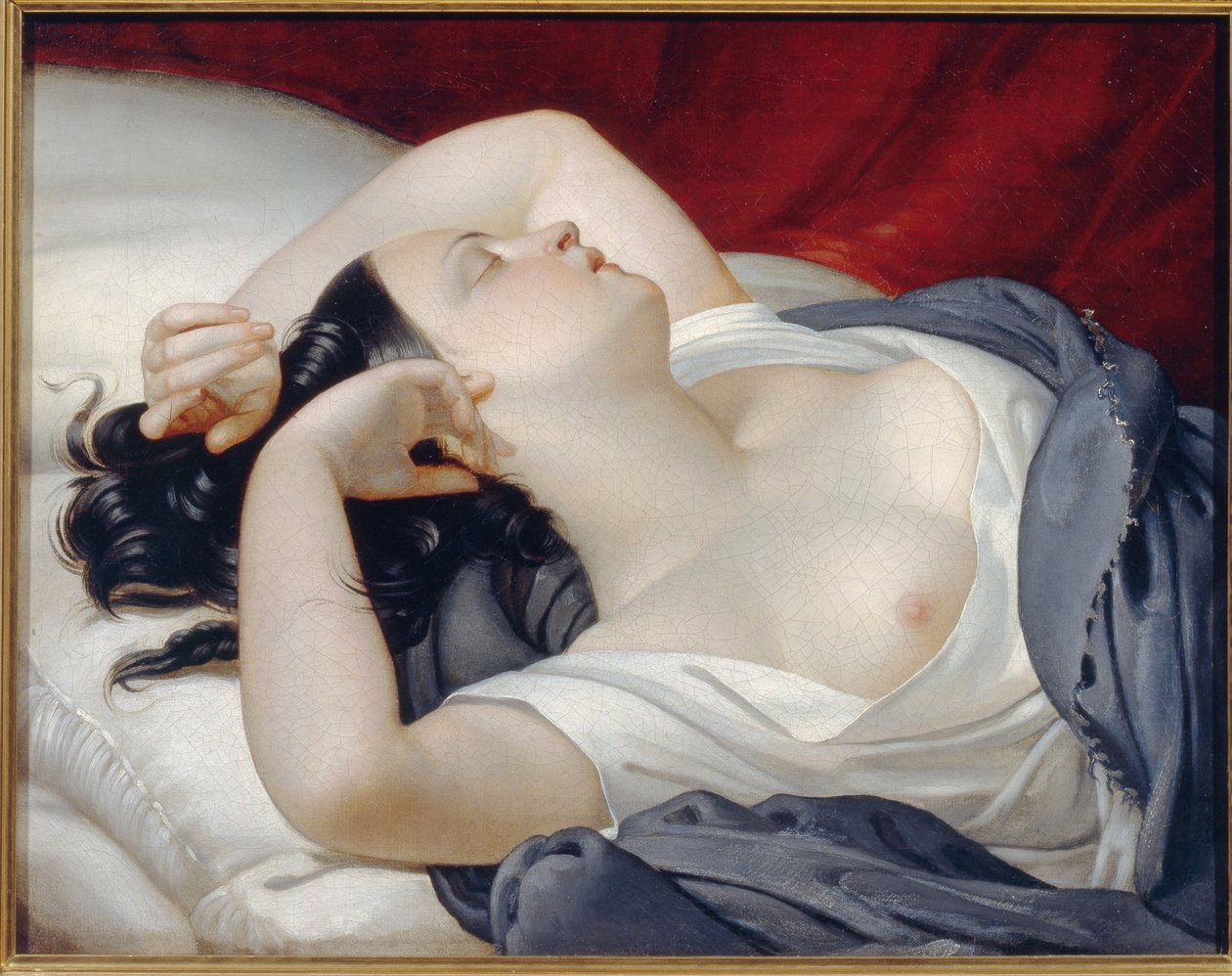 眠るイタリア人女性。 ベッドの端で淫らに眠る、目を閉じて胸をむき出しにした美しい女性。 Eugene Pluchart (1809-1880) による絵画、キャンバスに油彩、1840 年頃。 フランスの芸術 作： ウジェーヌ・プルカート