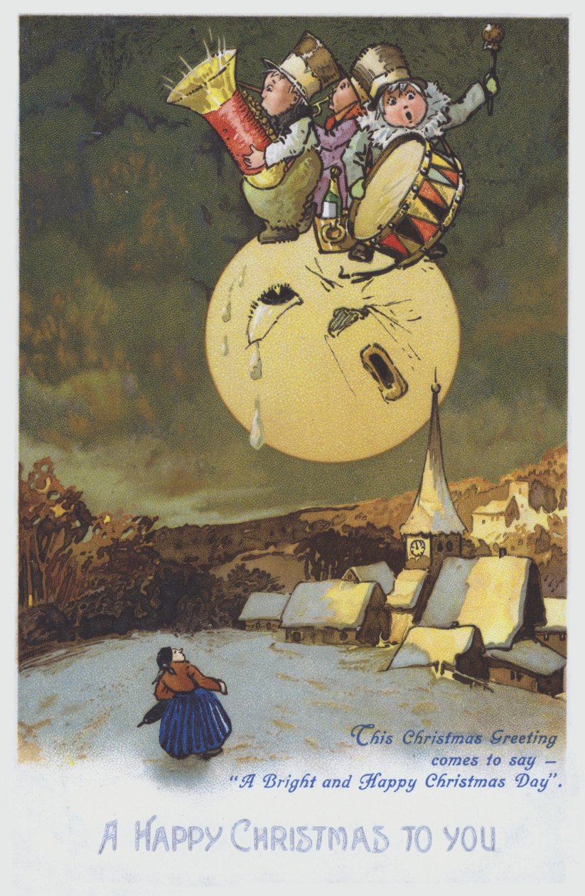 雪に覆われた町の上空に、月に乗った音楽隊が描かれたクリスマス・グリーティングカード。(クロモリ) 作： ヨーロピアンスクール