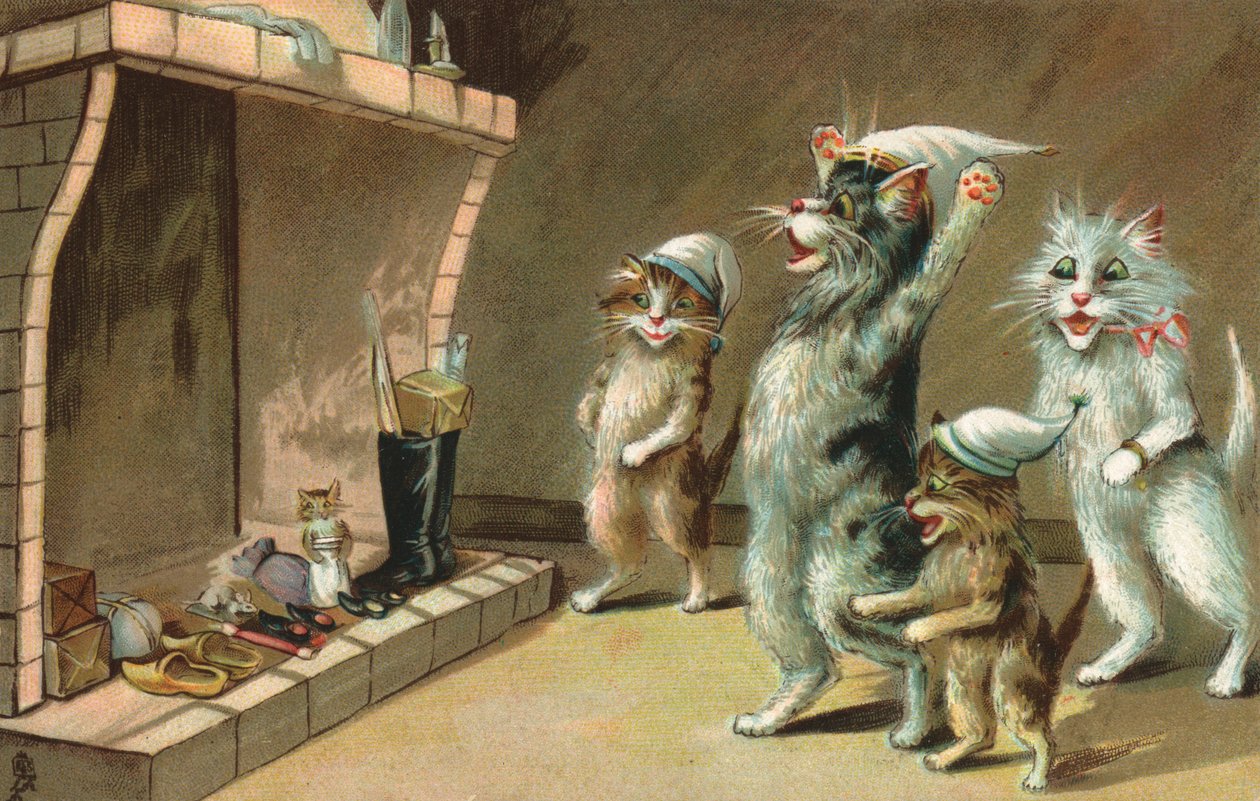 クリスマスプレゼントを待つコミックの猫たち（カラーリトグラフ） 作： ヨーロピアンスクール