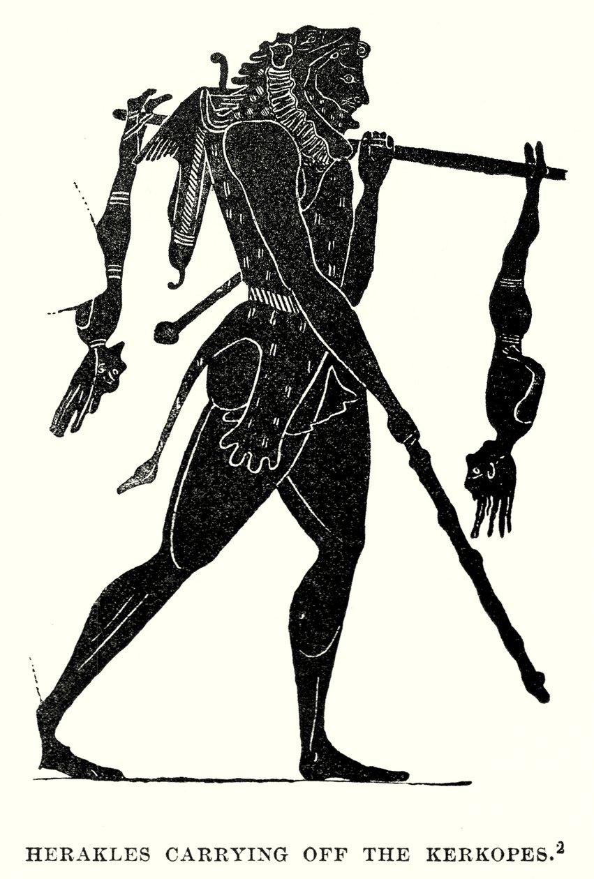 ケルコペスを運び去るヘラクレス（エングレーヴィング） 作： ヨーロピアンスクール