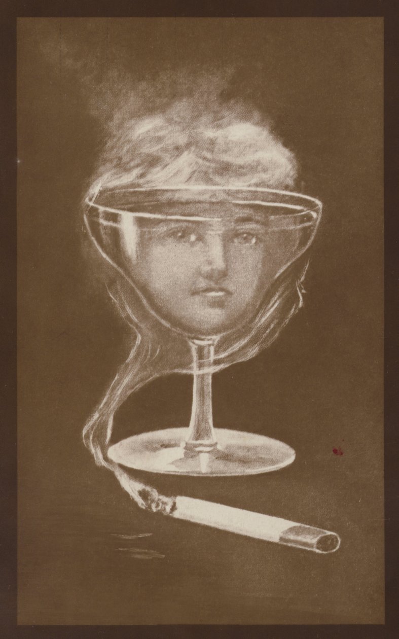 ワイングラスと煙草の煙によって作られた女性の顔のイメージ、c1917（リトグラフ） 作： ヨーロピアンスクール