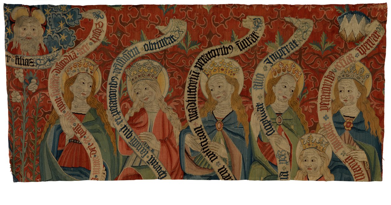 全能の神と6人の聖女を描いたタペストリーの断片、おそらく前掲書のもの、15世紀末（羊毛） 作： ヨーロピアンスクール