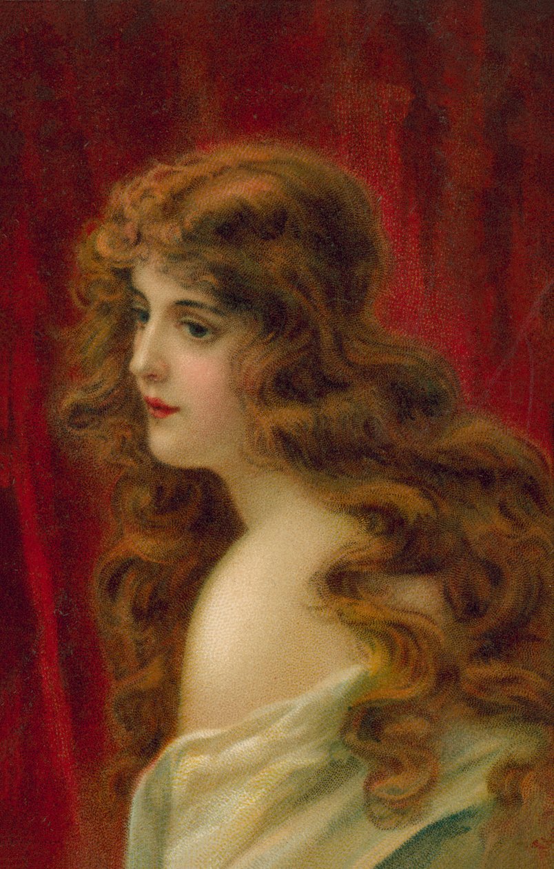 赤いロングヘアの女性（カラーリトグラフ） 作： ヨーロピアンスクール