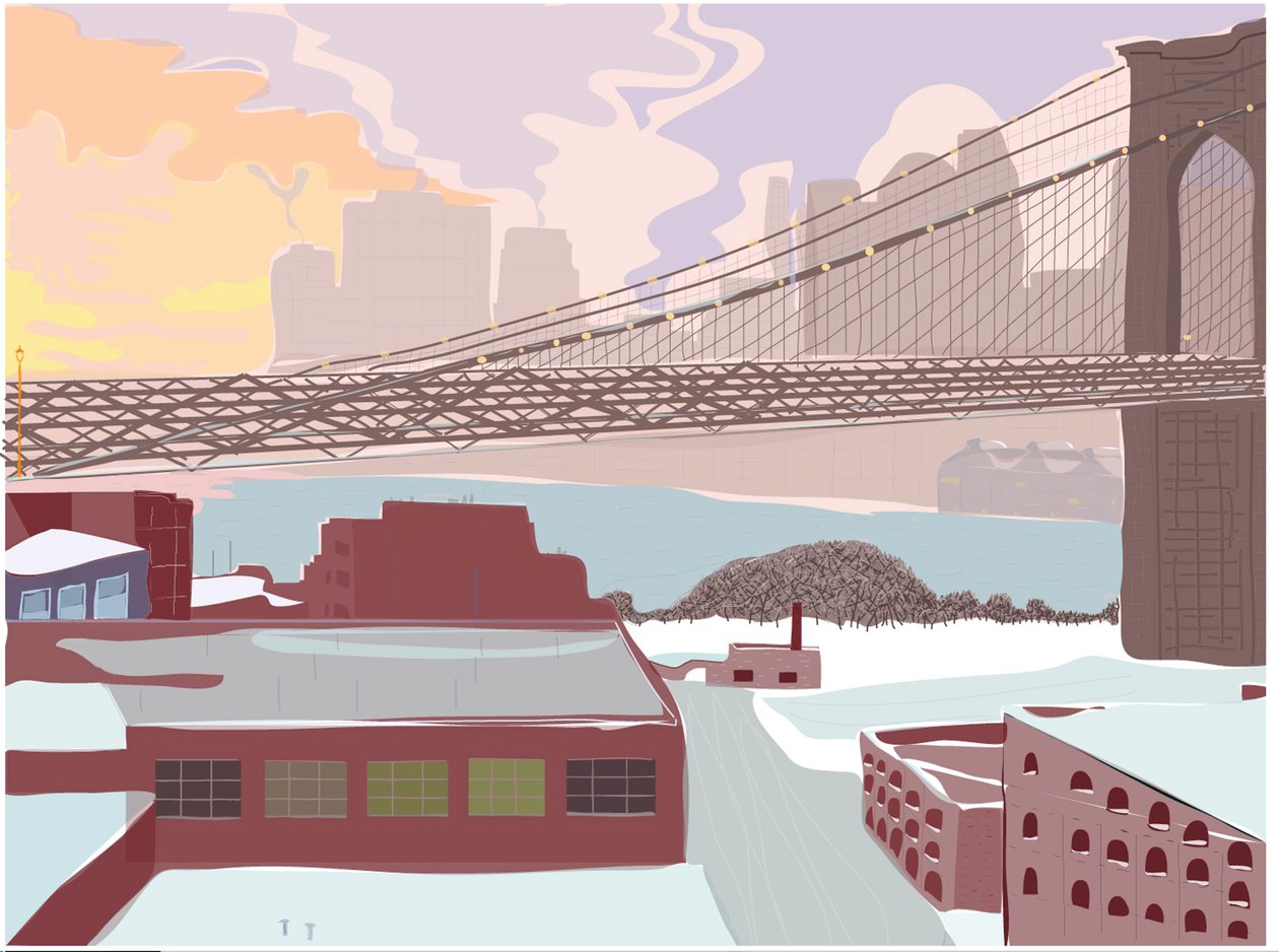 ブルックリン橋、晴天の嵐、2015年（iPadでアップルペンシルを使って手描きしたもの） 作： エヴァン・スクラー