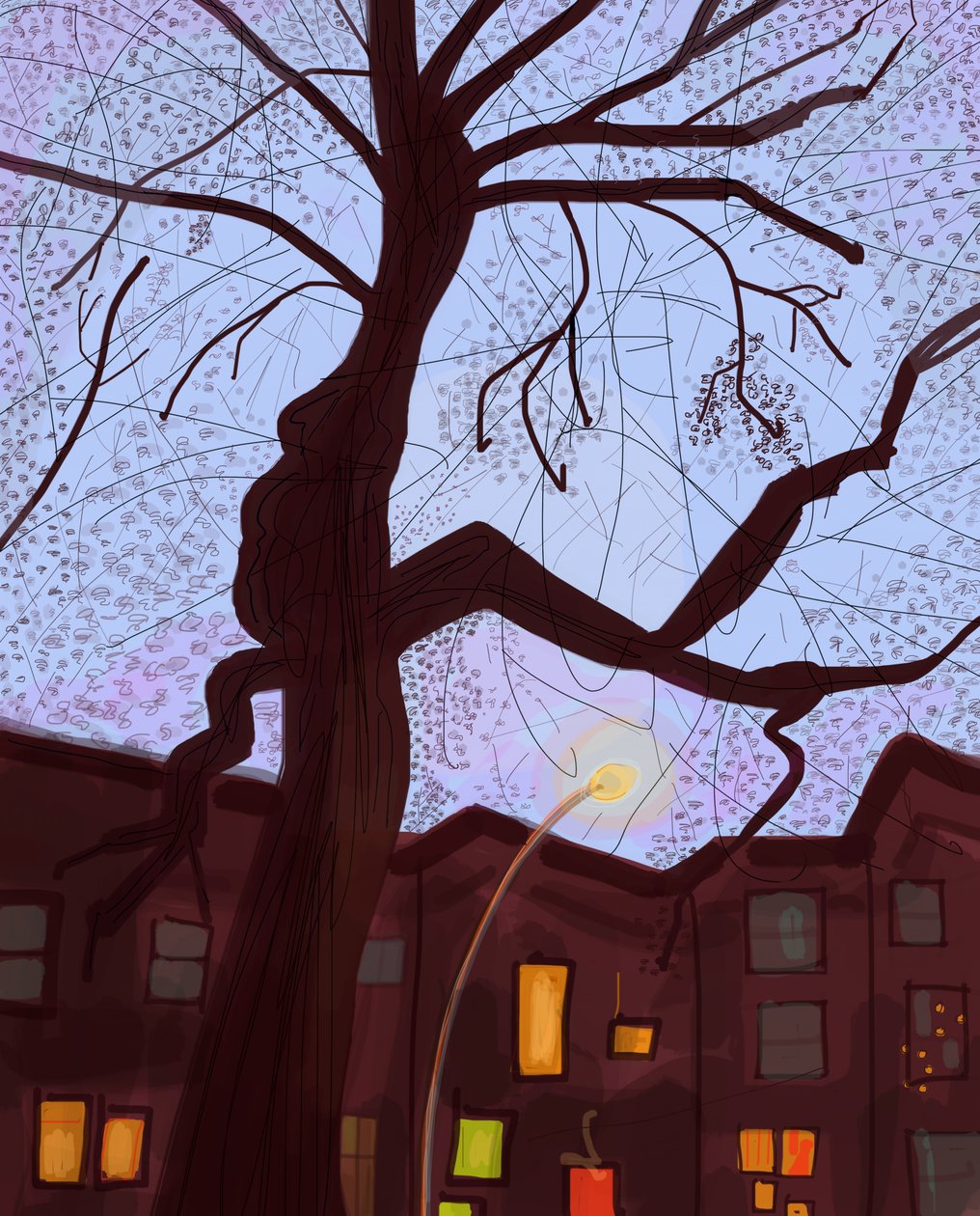 Brooklyn Brownstone Street At Dusk, 2016（iPadでApple pencilを使って手描きしたもの） 作： エヴァン・スクラー