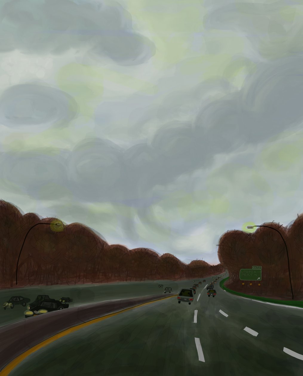 ロングアイランド高速道路を走る、2017年（iPadでApple pencilを使って手描きしたもの） 作： エヴァン・スクラー