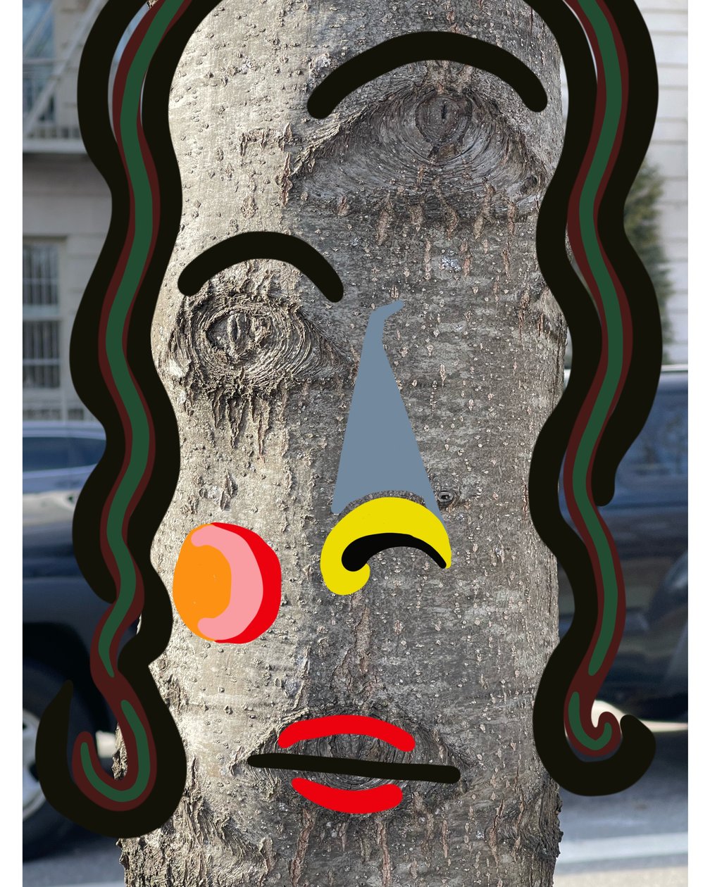 写真とドローイングを使った木の顔のイラストレーション。 作： エヴァン・スクラー