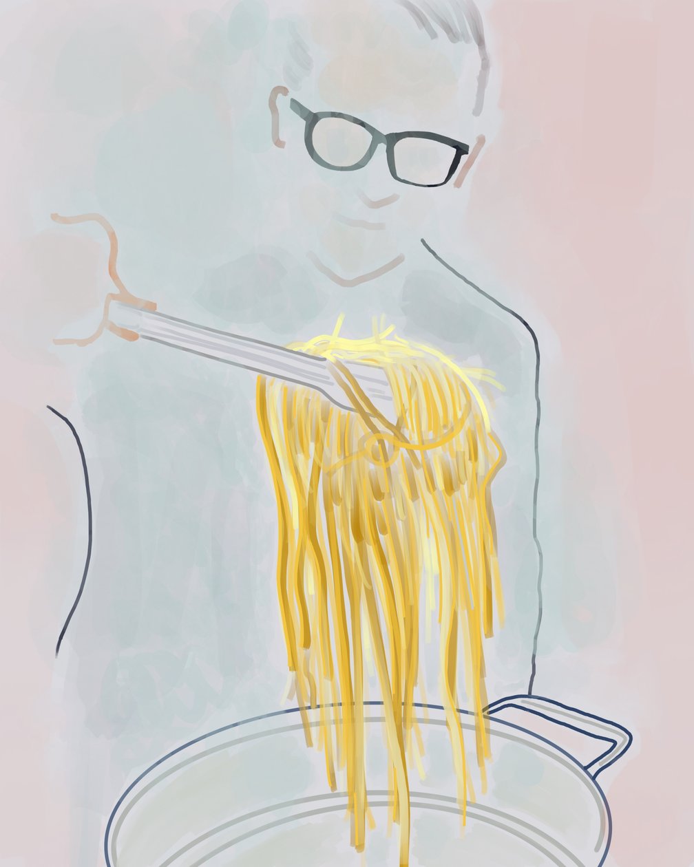 鍋からパスタを取り出す男、ブルックリン（デジタルアート） 作： エヴァン・スクラー