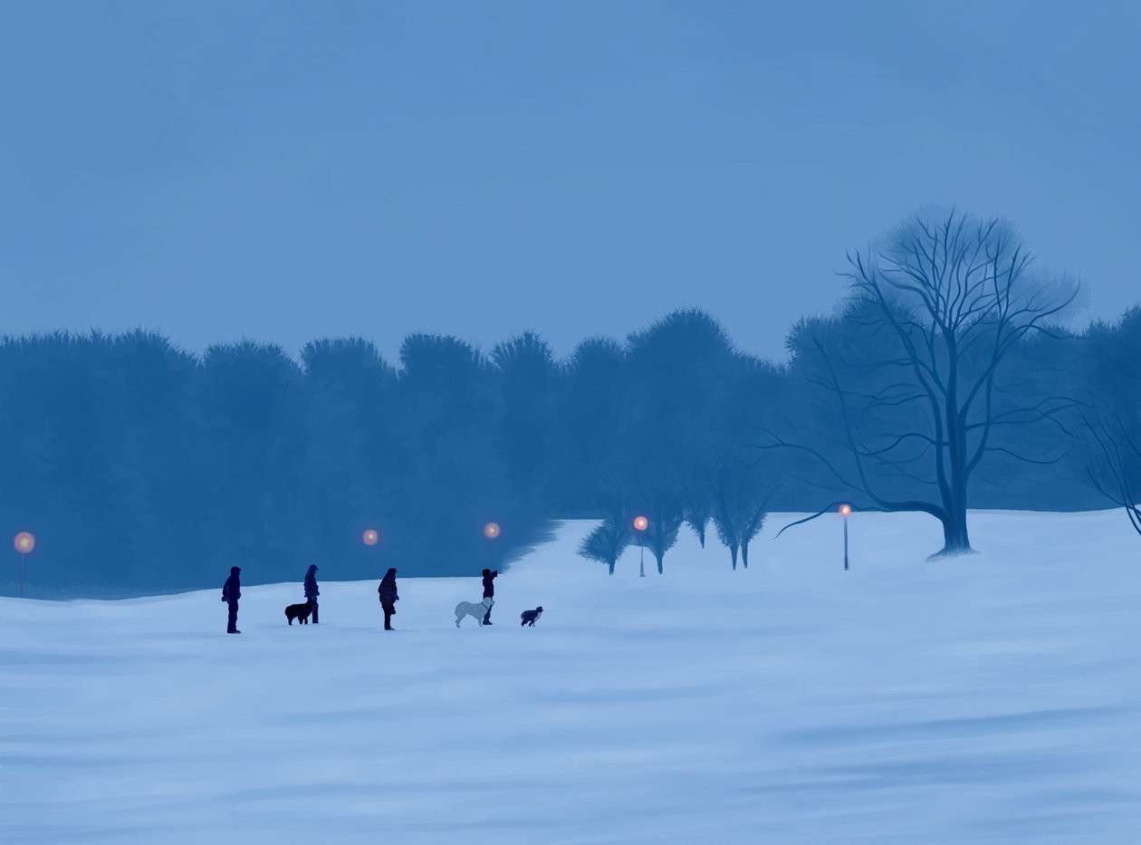 プロスペクトパークの雪の中の人と犬（デジタルアート） 作： エヴァン・スクラー