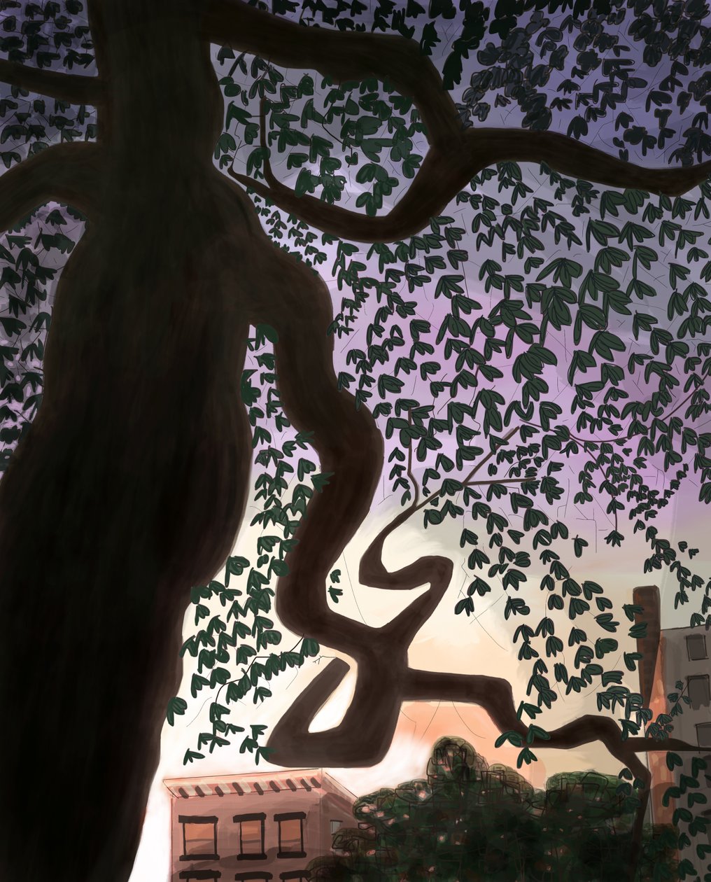 Tree and Avenue At Dusk, 2016（iPadでアップルペンシルを使って手描きした。） 作： エヴァン・スクラー
