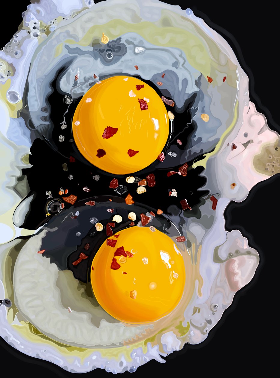 フライパンで焼く2つの卵、ブルックリン（デジタルアート） 作： エヴァン・スクラー