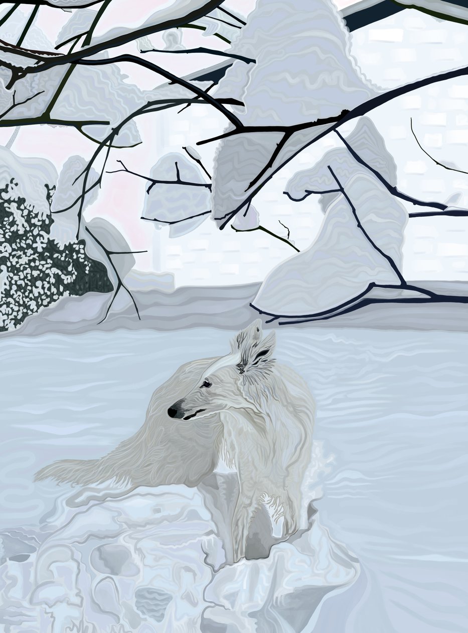 雪の中の白い犬（デジタルアート） 作： エヴァン・スクラー