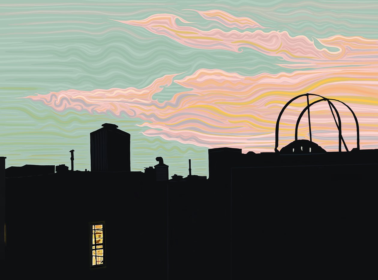 夕暮れの屋上ととんがり雲（デジタルアート） 作： エヴァン・スクラー