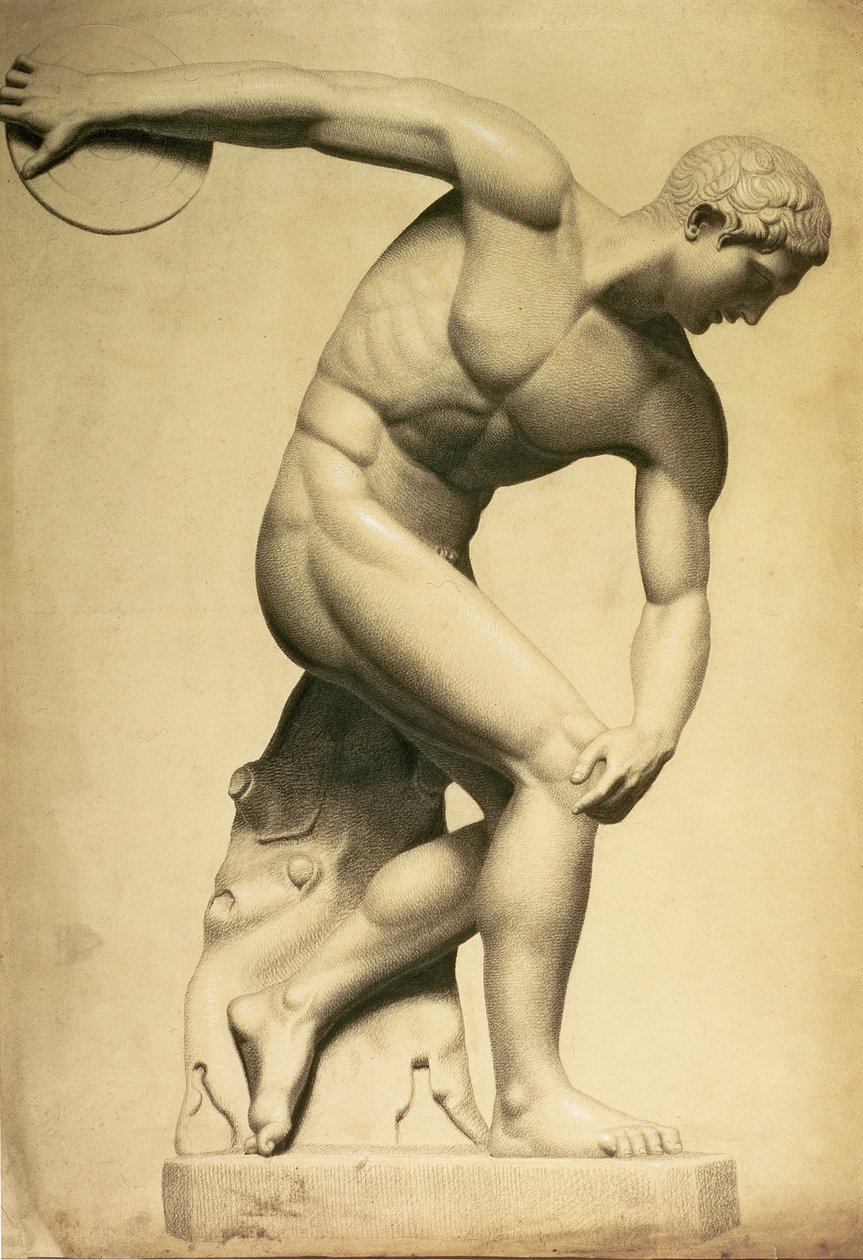円盤投げの選手、古典的な彫刻の絵、c.1874（鉛筆、紙にクレヨン） 作： Evelyn De Morgan