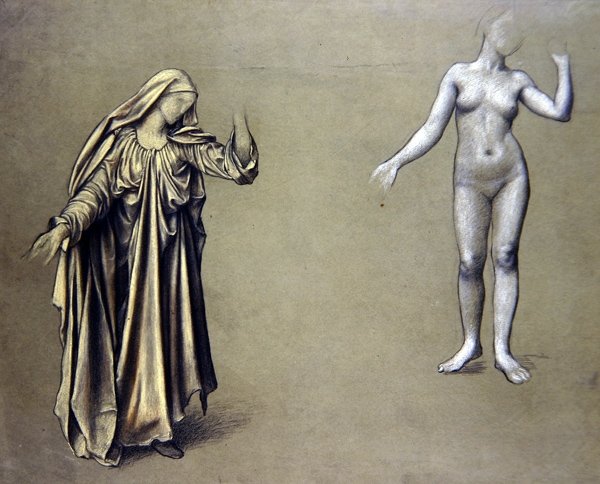 ドレープをかけられた人物の習作と付随するヌード（紙にカラーチョーク） 作： Evelyn De Morgan