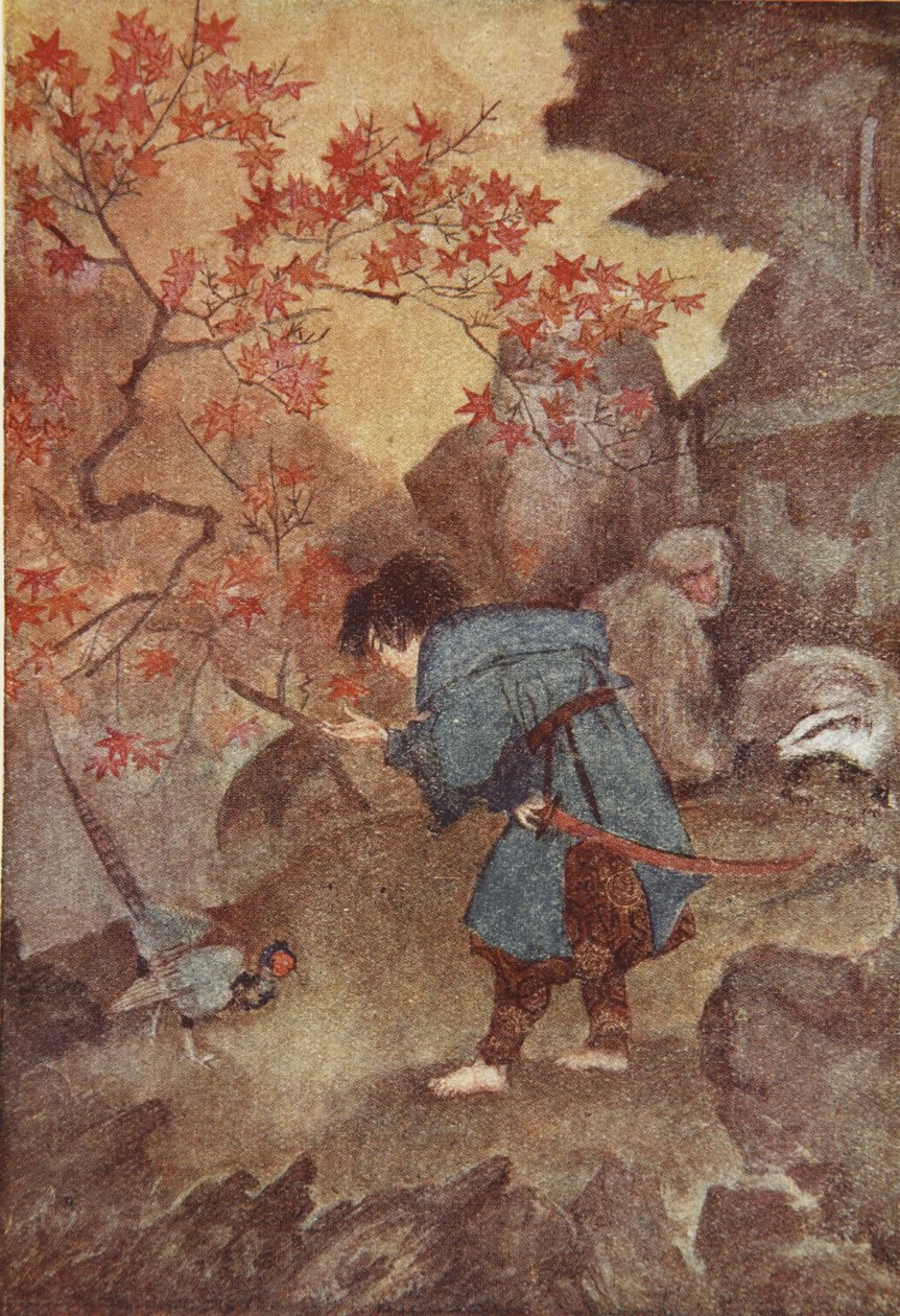 桃太郎とキジ、F Hadland Davis 作「The Myths and Legends of Japan」のイラスト 作： イヴリンポール
