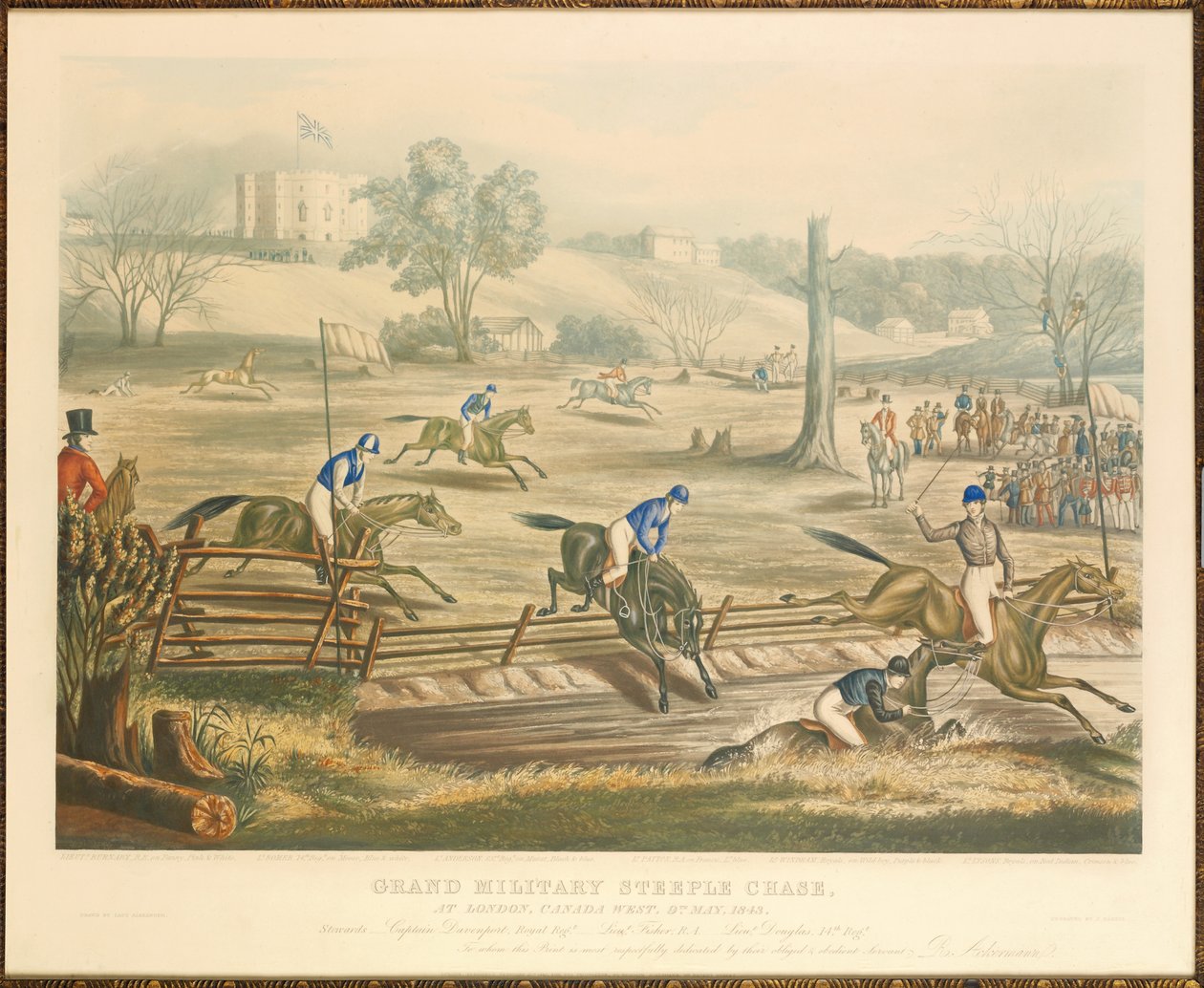1845年、J。ハリスによって彫刻された1843年5月9日、カナダ西部ロンドンのグランドミリタリースティープルチェイス 作： エヴェリン・マリー・アレクサンダー