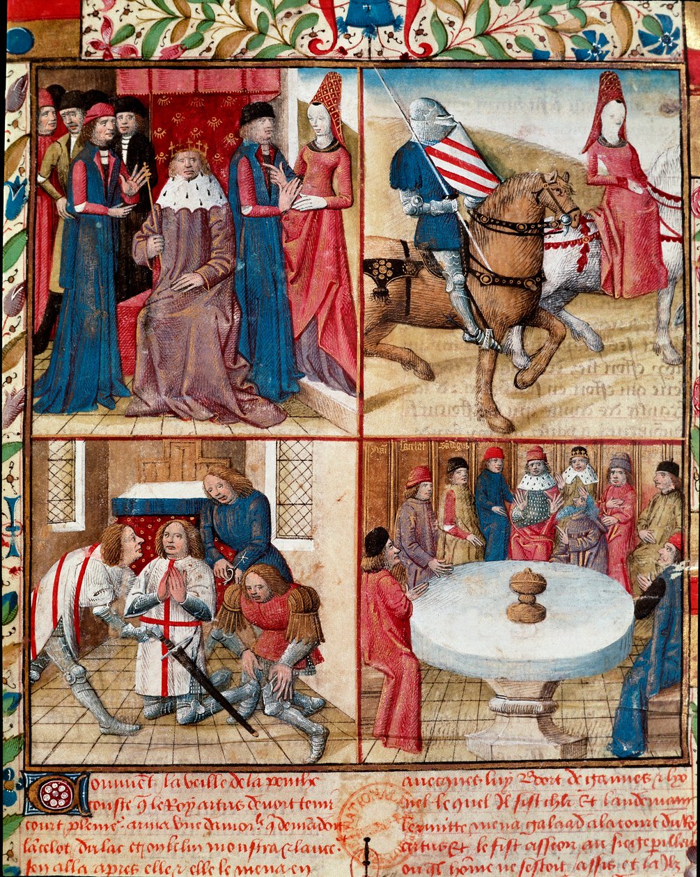 König Artus hält Hof, Lancelot wird von einer Dame zur Abtei geführt, Galahad und die Ritter der Tafelrunde um den Heiligen Gral von Everard de Espinques