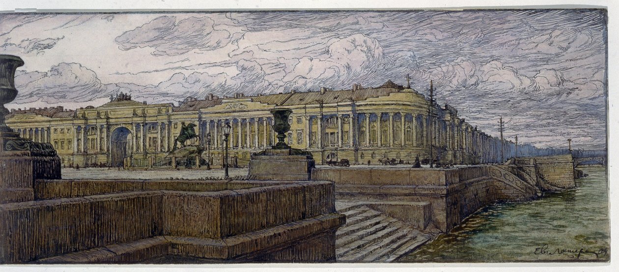 サンクトペテルブルクの元老院。 ネヴァ川岸の建物の説明。 Evgeny Evgenyevich Lanceray (Eugene Lansere) (1875-1946) の作品、リトグラフ 作： Evgeni Evgenievitch Lanceray