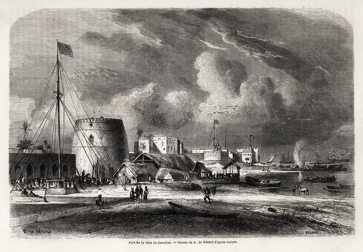 1857年から1859年にかけてのバートン船長の東アフリカ五大湖航海を説明するために、Evremond de Berard（1824-1881）が描いたザンジバル（現在のタンザニア）の街の港。パリの "Le tour du monde, nouveau journal des voyages "に掲載された版画。 作： Evremond de（後）Berard