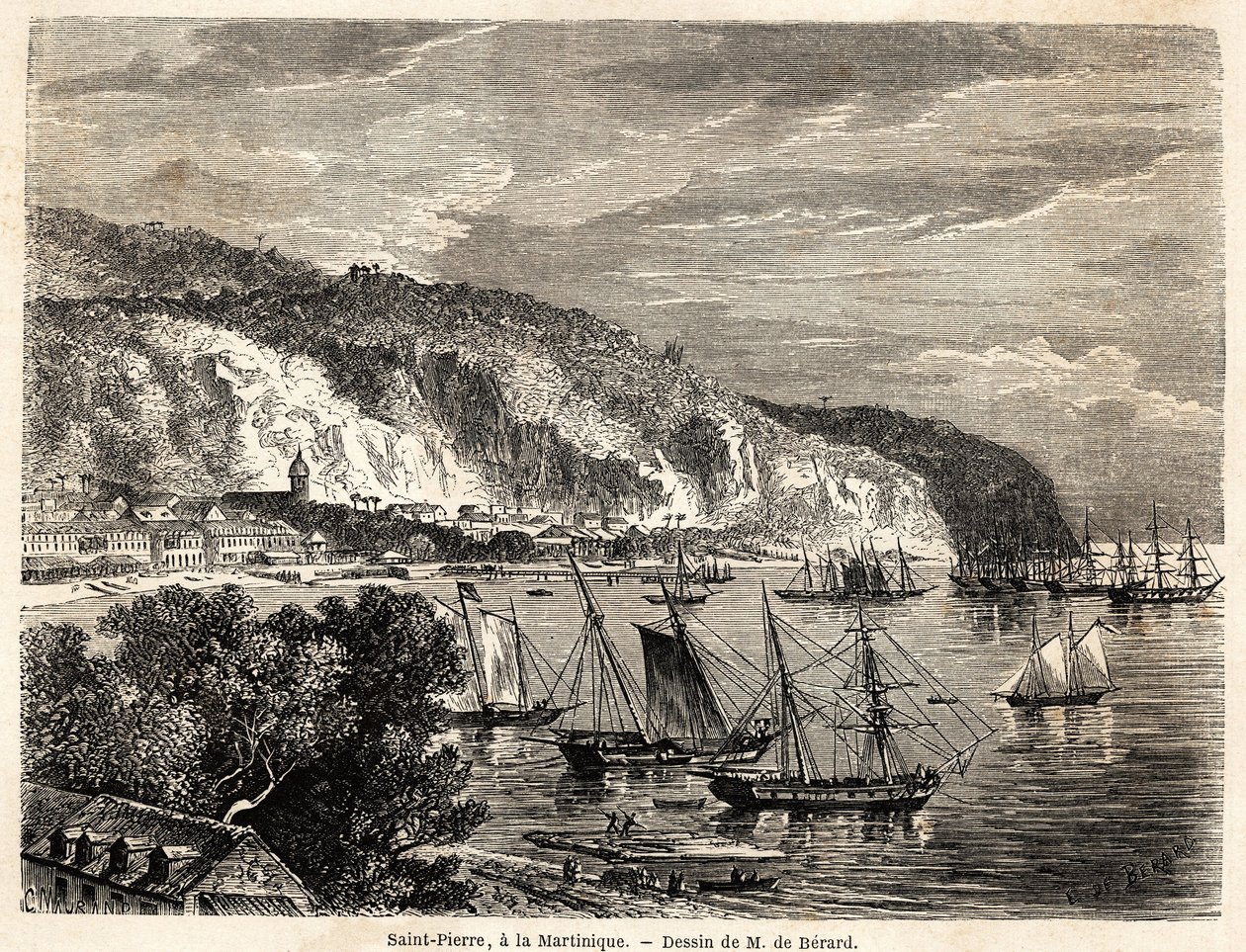 アンソニー・トロループ（1815-1882）が1858-1859年に行った西インド諸島への航海を説明するために、オーギュスト・ドゥ・ベラール（1824-1881）が描いたマルティニークのサン・ピエールの風景。パリの "Le tour du monde, nouveau journal des voyages "に掲載された版画。 作： Evremond de（後）Berard
